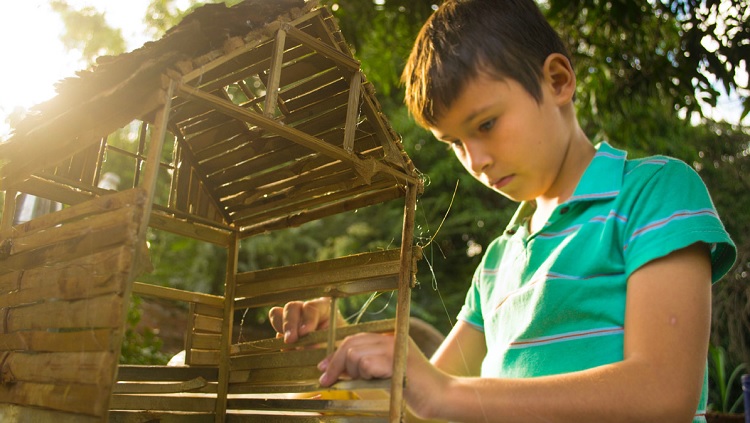 chłopiec budujący domek z patyków